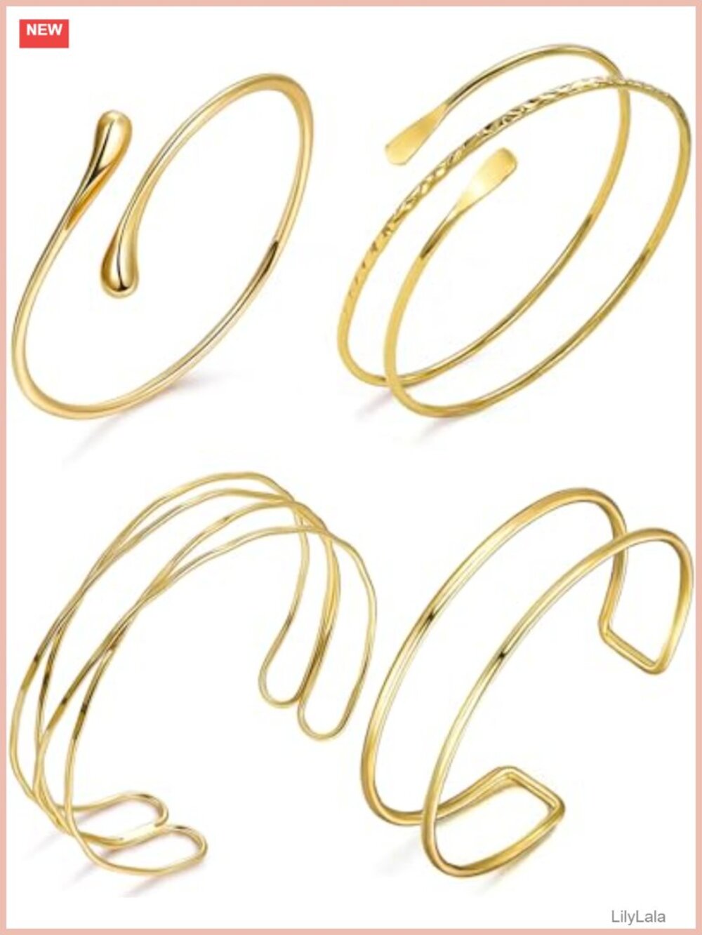 4 Pc Gold Plated Arm Cuff Bracelet Set Adjustable Boho Coil Armlet Women